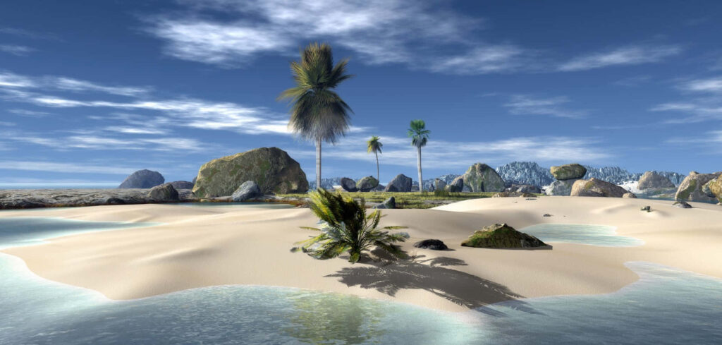 Tropical Beach Wallpaper: Serene Sands, Rocks & Palm Trees