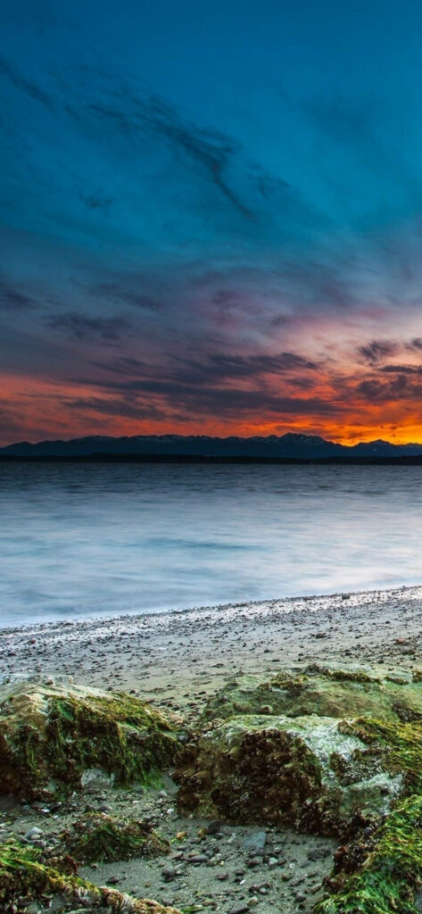 Serene Sunset Beach: Mossy Rocks & Vibrant Sky Reflections Wallpaper