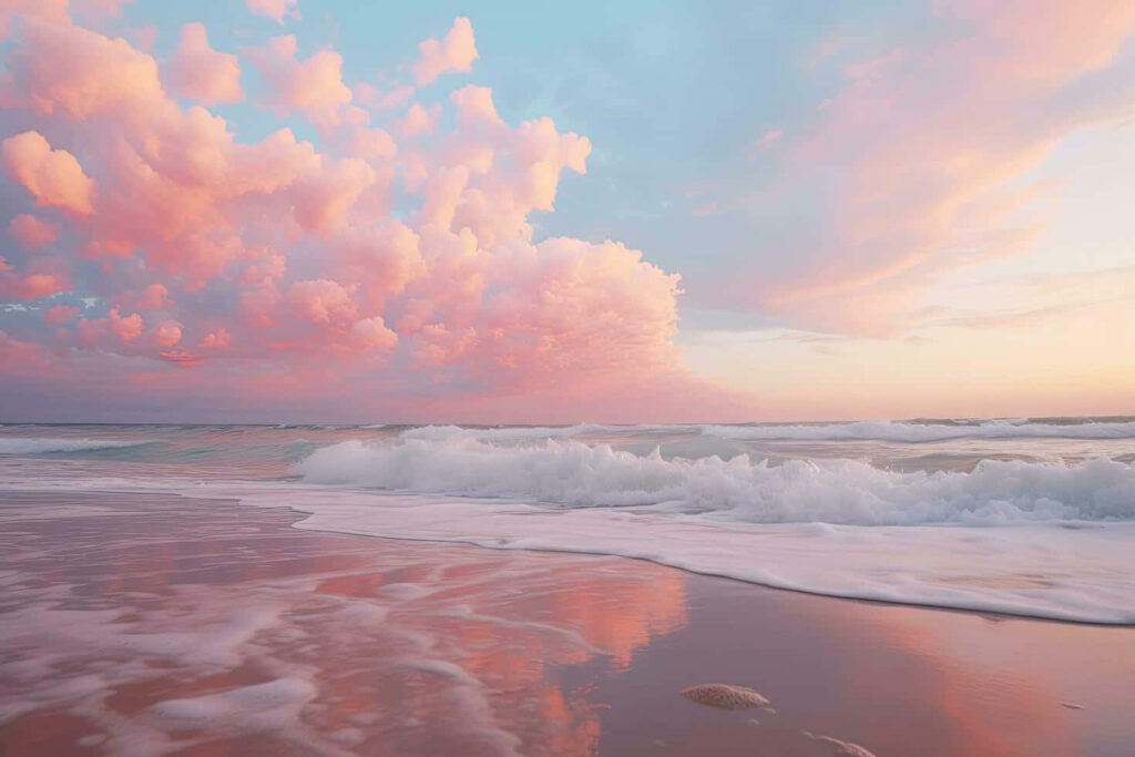 Serene Beach Sunset Wallpaper: Pastel Clouds & Gentle Waves
