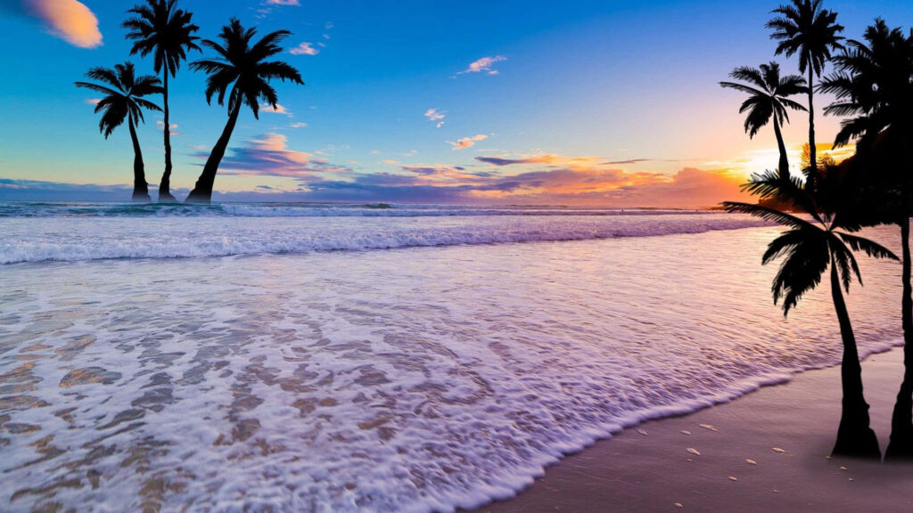 Serene Beach Sunset Wallpaper: Tropical Paradise Background