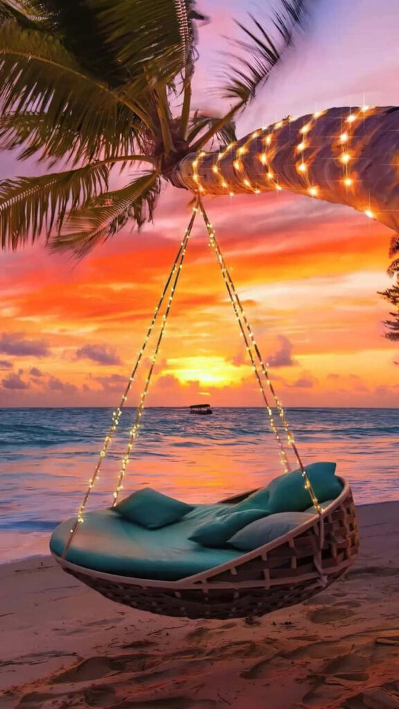 Serene Beach Sunset Wallpaper: Hammock, Palm Tree & Vibrant Sky