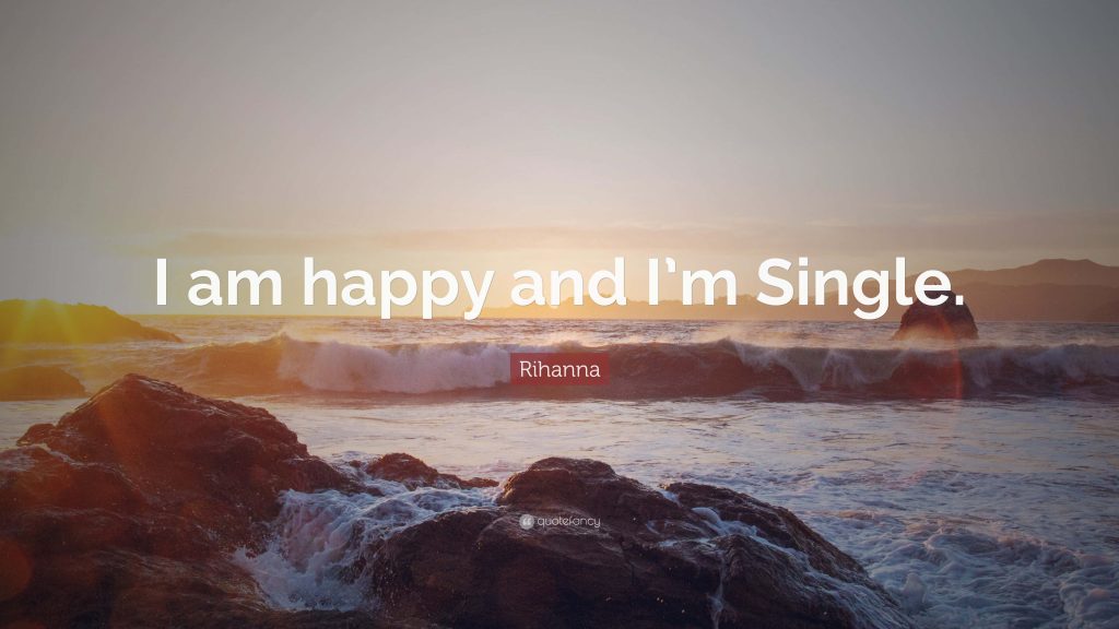 Sunset beach with rugged rocks and waves featuring Rihanna quote I am happy and I'm single wallpaper