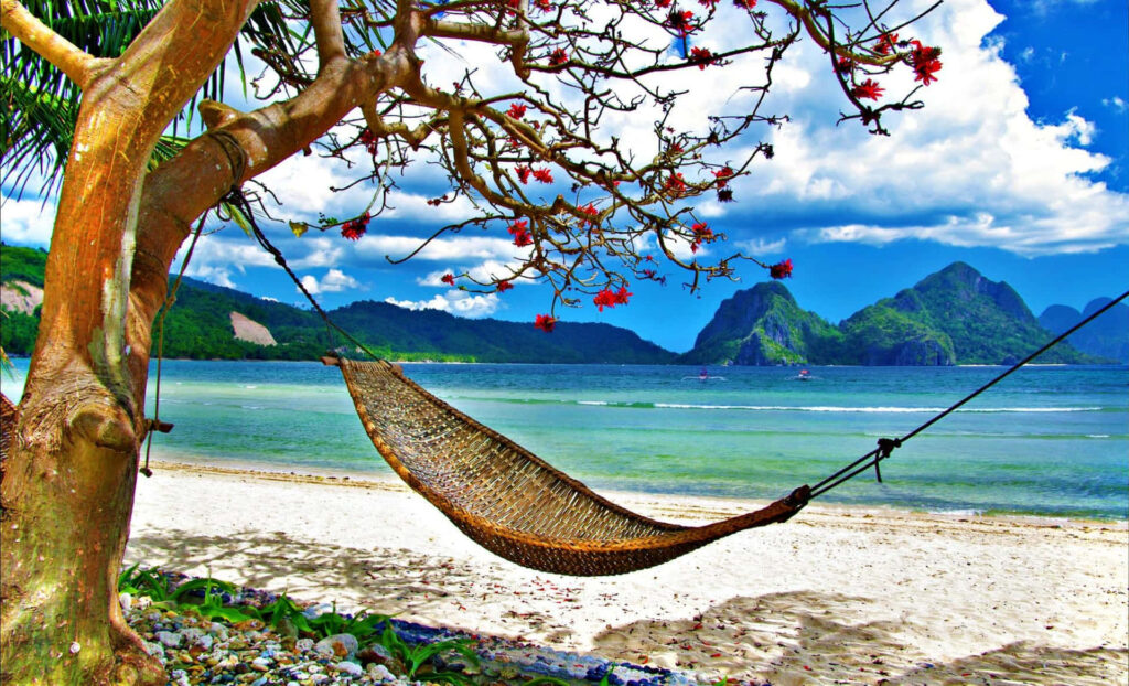Serene Beach Wallpaper: Hammock, Turquoise Waters & Lush Mountains