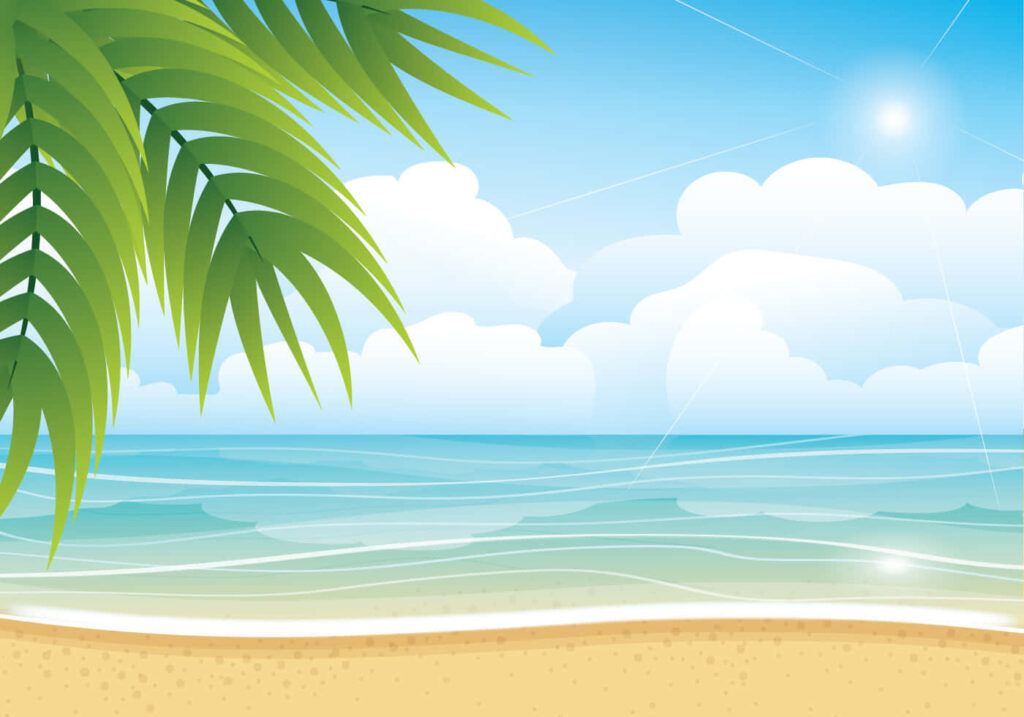 Tranquil Beach Wallpaper: Palm Trees & Calm Ocean Under Sunny Sky