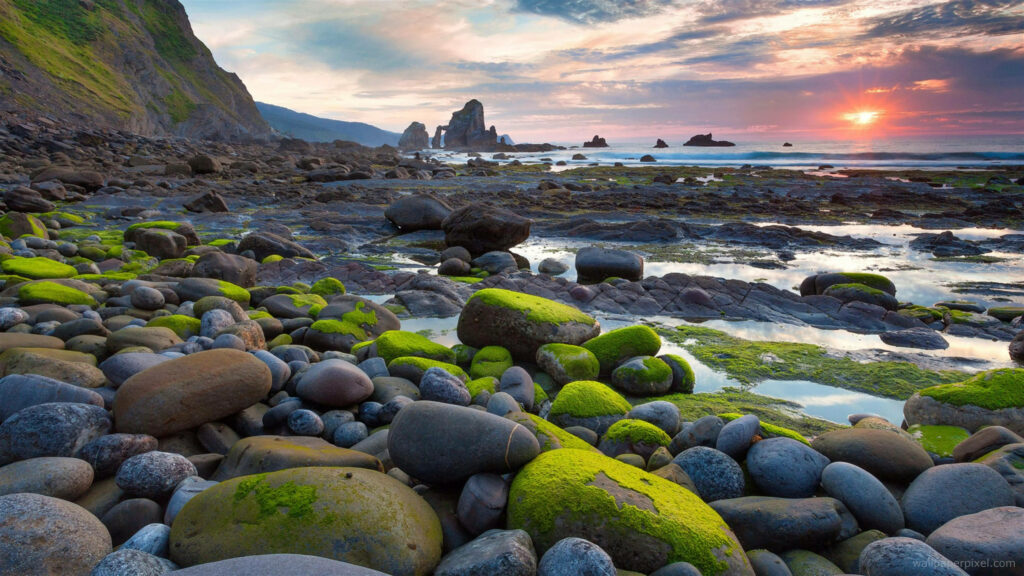 Breathtaking Beach Wallpaper: Sunset, Mossy Rocks & Scenic Cliffs