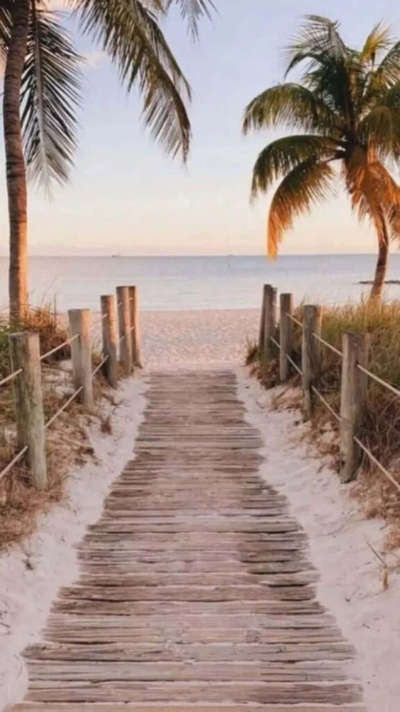 Serene Beach Wallpaper: Wooden Pathway & Tranquil Shoreline Escape