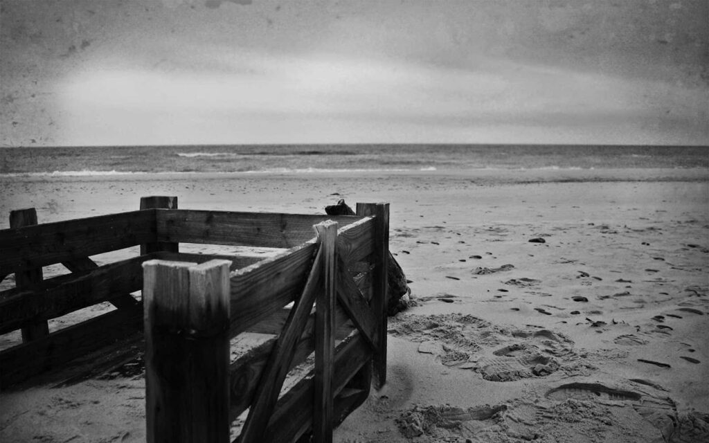 Serene Black and White Beach Wallpaper with Rustic Fence
