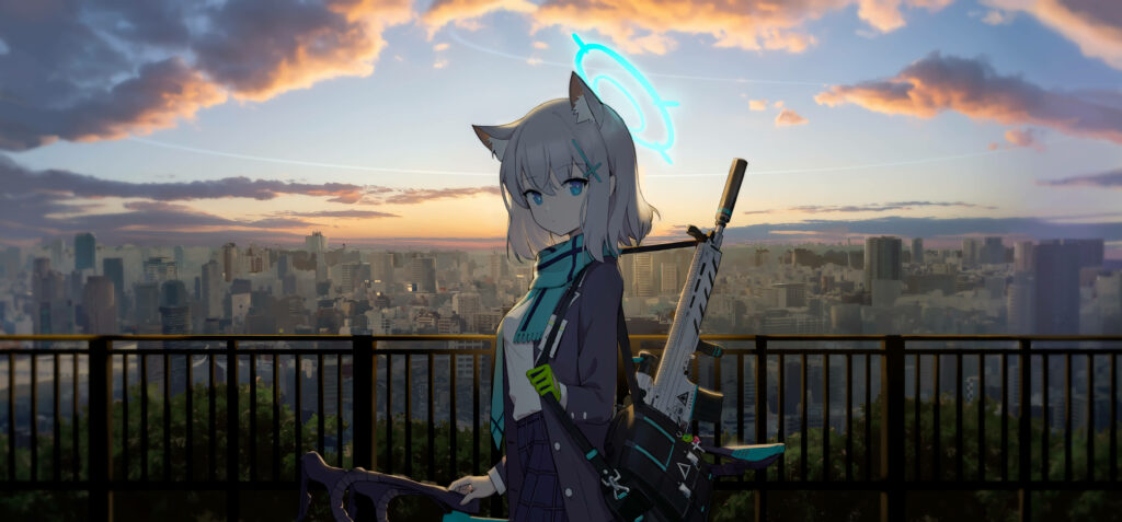 Serene Sunset Wallpaper of Sunaookami Shiroko from Blue Archive