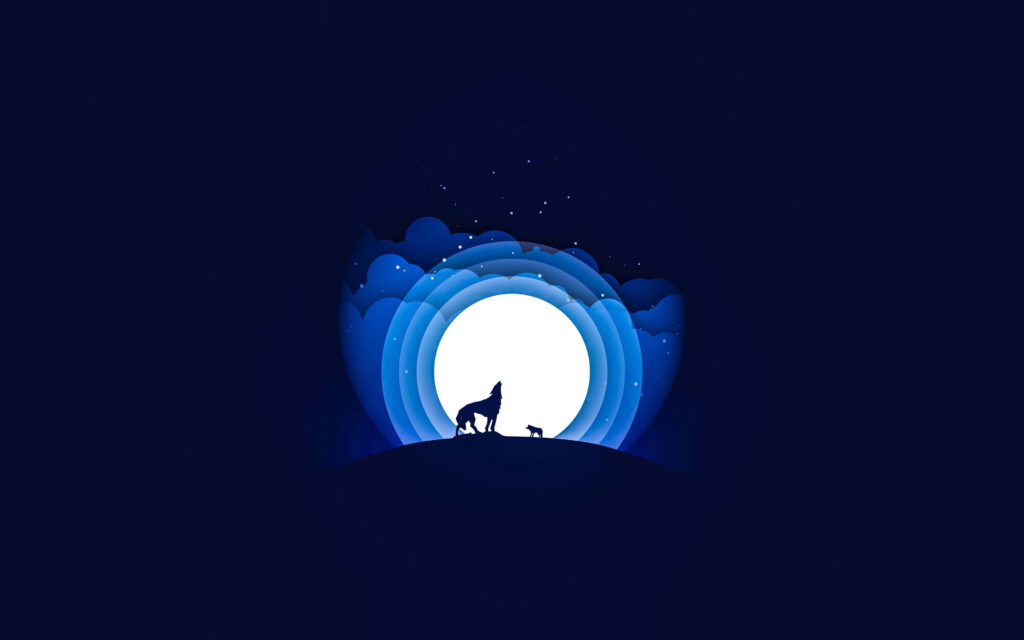 Serene Blue Moon Wallpaper: Minimalist Design with Howling Wolves