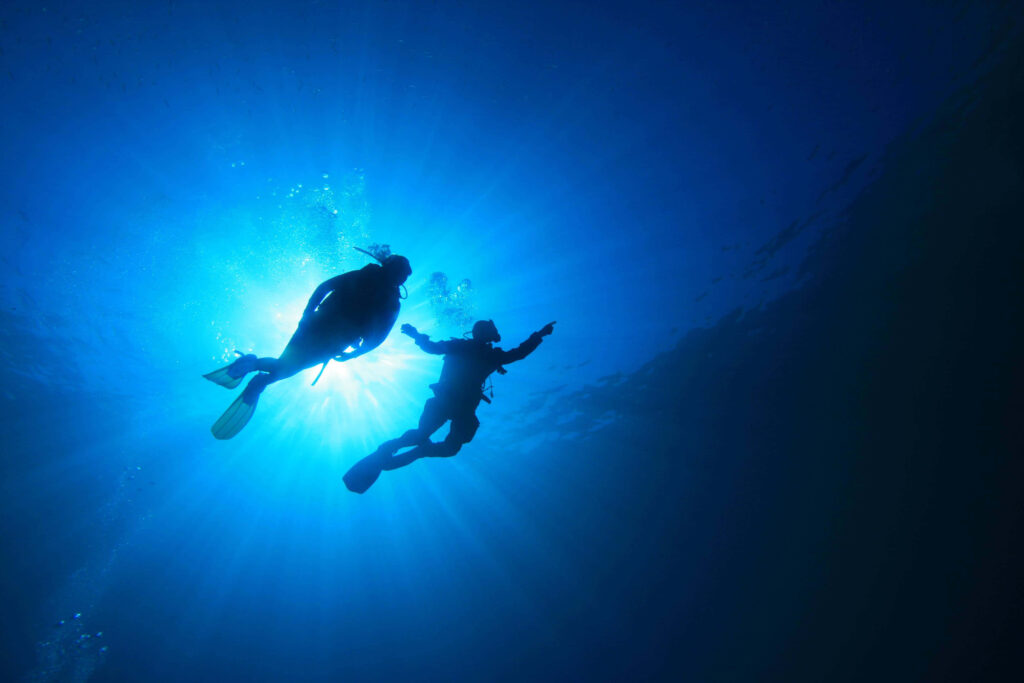 Two divers explore serene blue ocean depths with sunlight piercing water in tranquil underwater scene Wallpaper