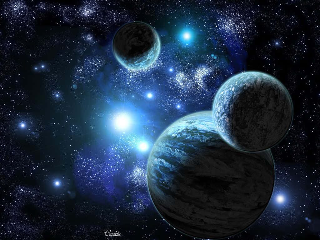 Digital art of three detailed planets with blue tones against a sparkling starry cosmic background Wallpaper