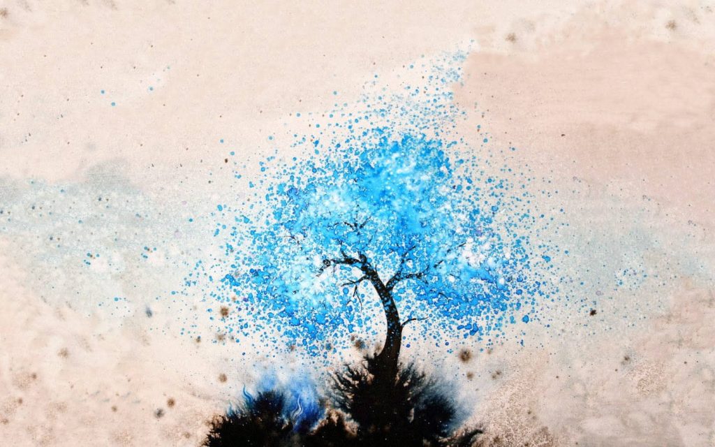 Blue tree ink splatter art wallpaper on cream background minimalist modern digital illustration