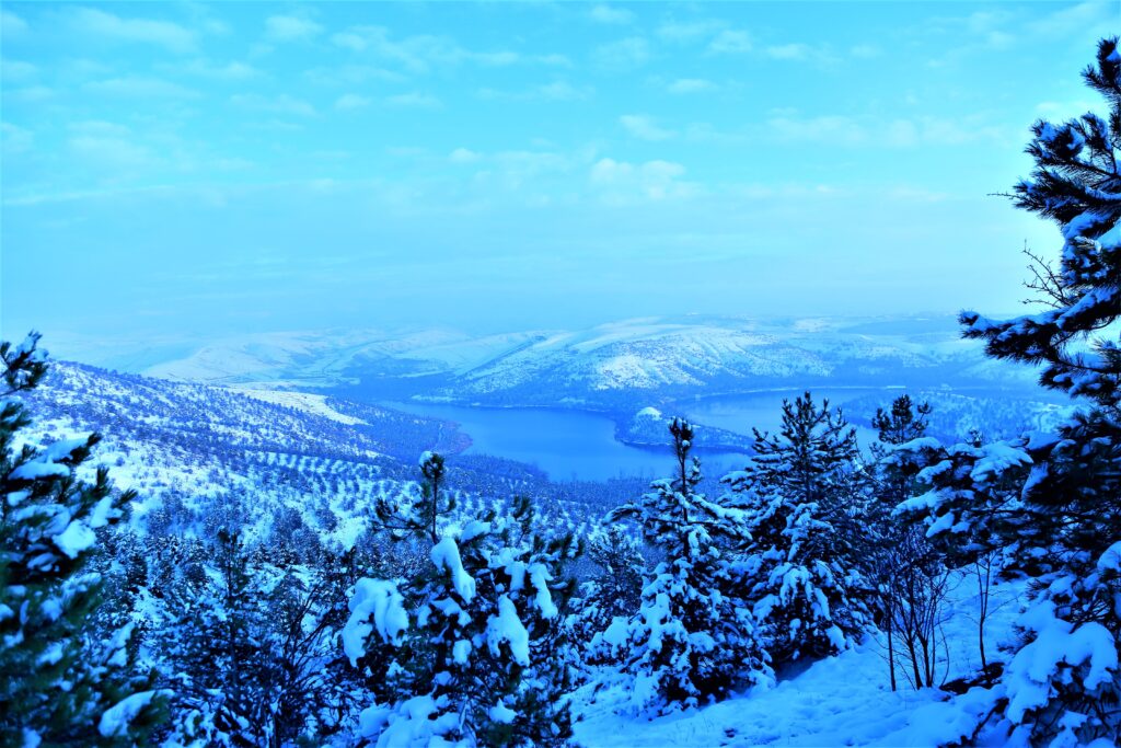 Aerial view of snow-covered mountains and dense winter trees with a distant lake in blue tones Wallpaper