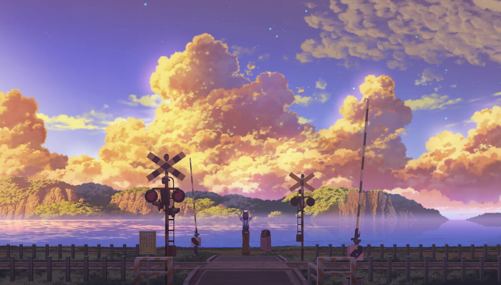 Serene HD Anime Wallpaper: Boy at Sunset Train Station