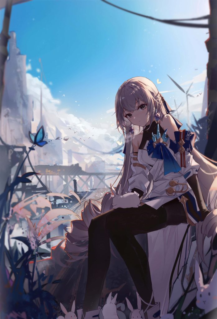 Bronya Rand anime wallpaper with rabbits wind turbines serene industrial background soft lighting