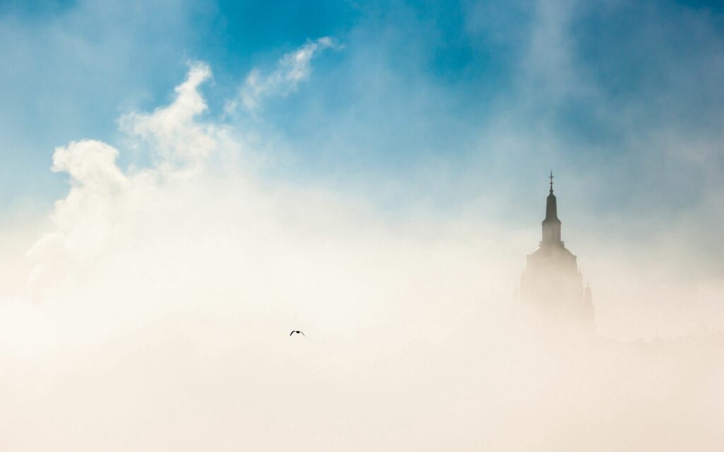 Serene Budapest Morning Fog: Architectural Silhouette & Bird Wallpaper