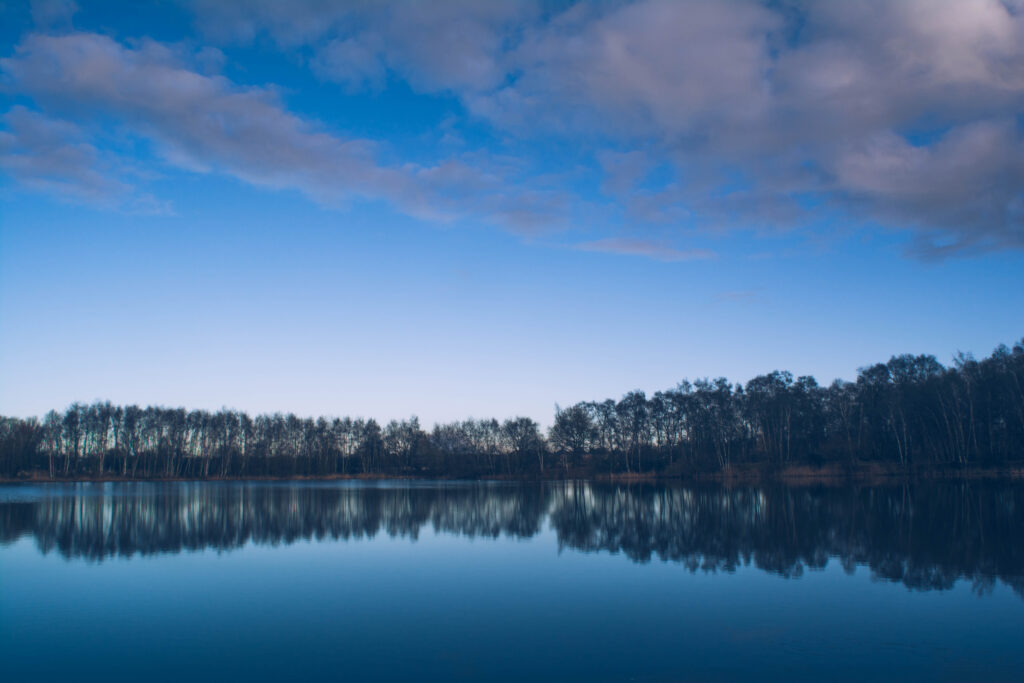 Serene lake with leafless trees reflected in still water under a blue sky with soft clouds wallpaper