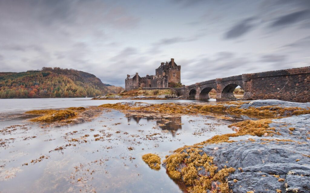 Tranquil Castle Wallpaper: Timeless Scene with River & Stone Bridge