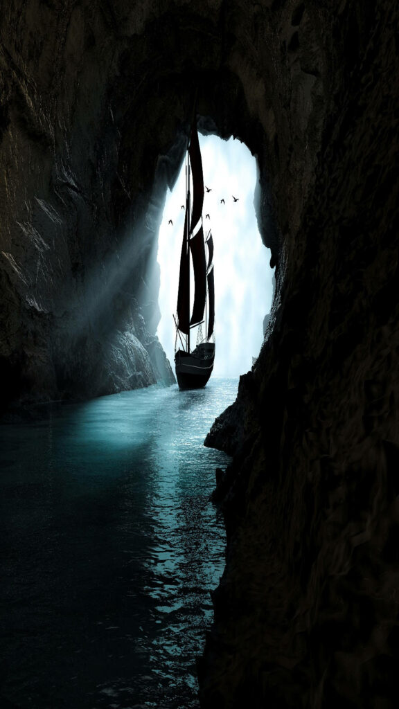 Serene Ship in Cave: Stunning Adventure Background Wallpaper