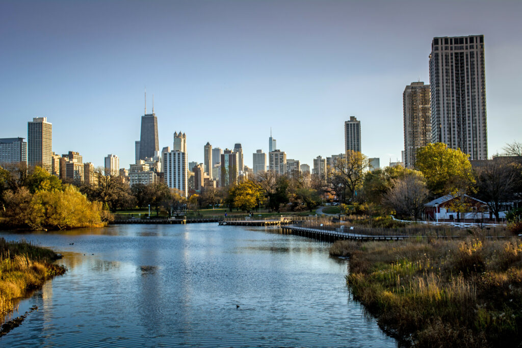 Serene Chicago River View Wallpaper: Nature Meets Urban Skyline