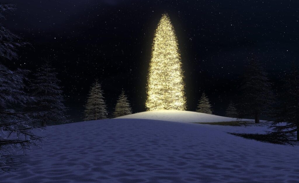 Serene Christmas Tree Wallpaper: Snowy Forest & Starlit Sky Background