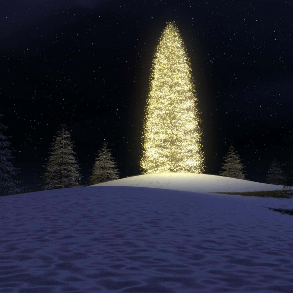 Serene Christmas Wallpaper: Lit Tree Against Starlit Snowy Background