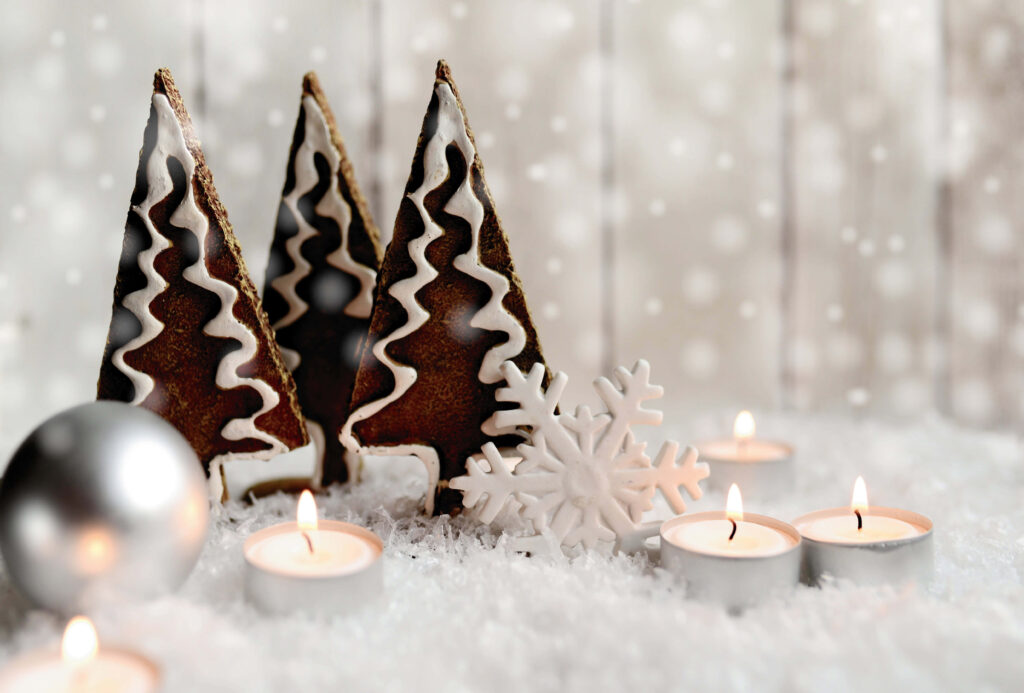 Serene Christmas Wallpaper: Gingerbread Trees & Snowflake Background