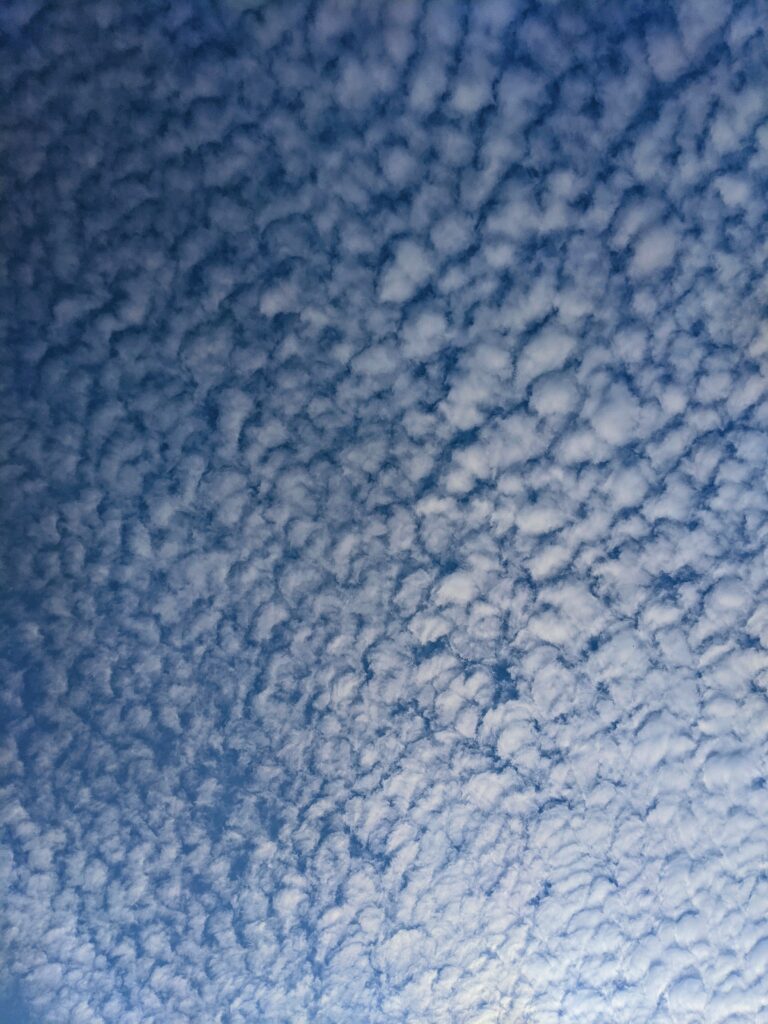 Serene sky with delicate cirrus clouds creating textured pattern on tranquil blue background Wallpaper