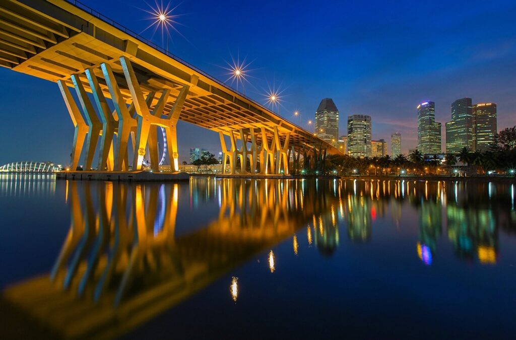 Serene Cityscape Dusk Wallpaper: Bridge Reflection & Vibrant Lights