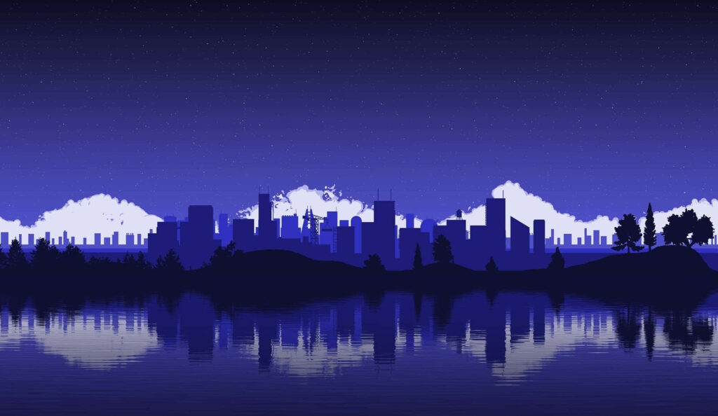 Tranquil Cityscape Wallpaper: Starry Night Reflection on Water
