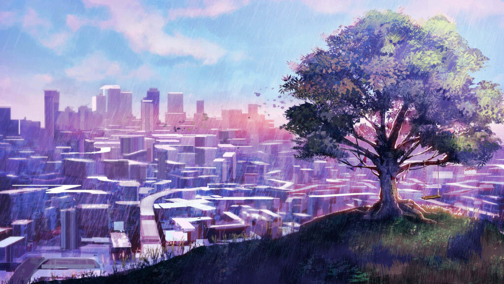 Serene Dusk Cityscape: Vibrant Skyline & Tree Wallpaper Background