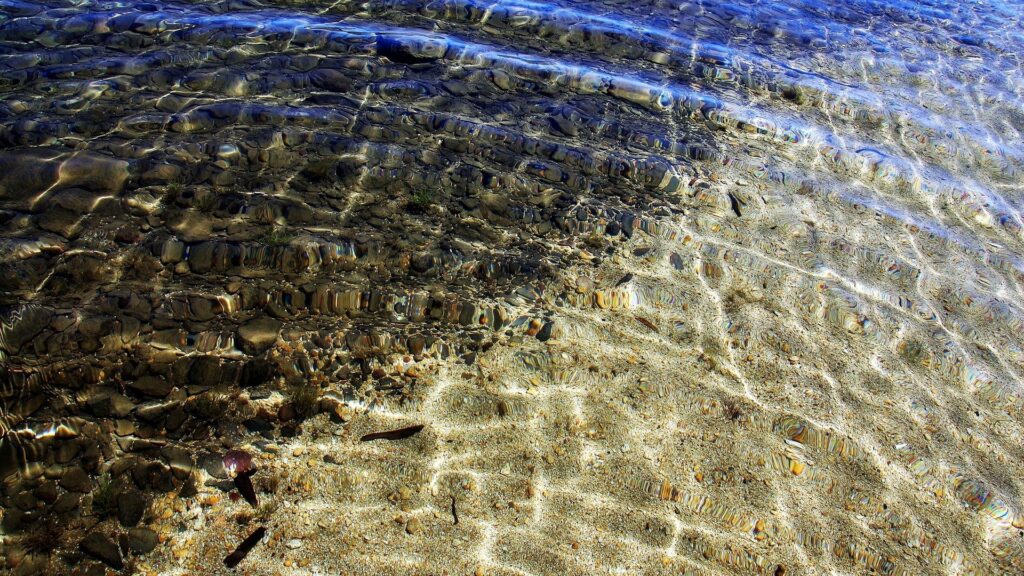 Clear water rippling over sandy stones with sunlight creating wavy patterns and warm tones Wallpaper