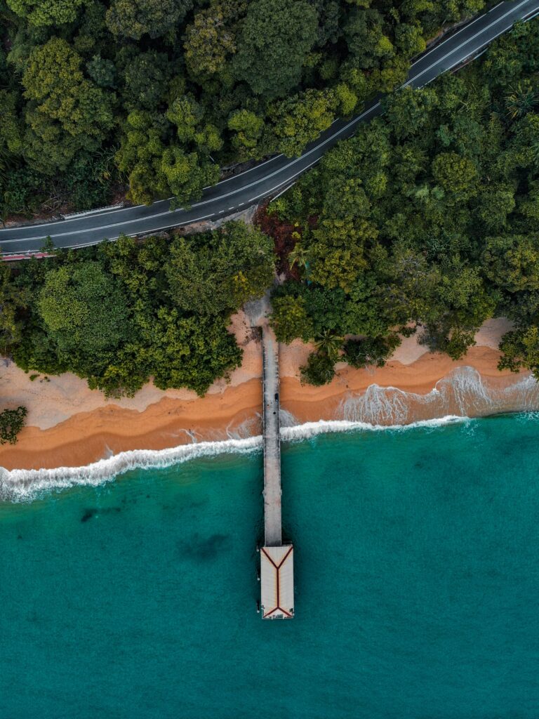 Aerial view of tropical pier extending from beach to turquoise water with bungalow and lush trees Wallpaper