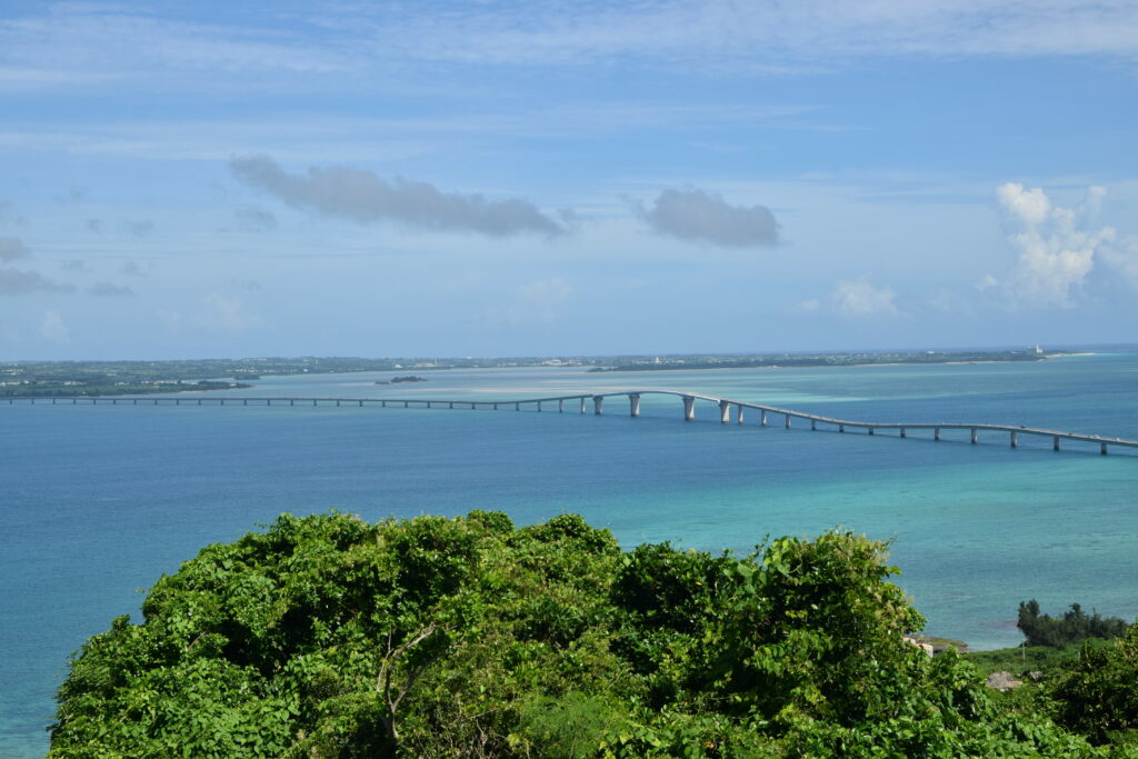 Bridge curving over turquoise sea with green trees and clear blue sky coastal landscape wallpaper