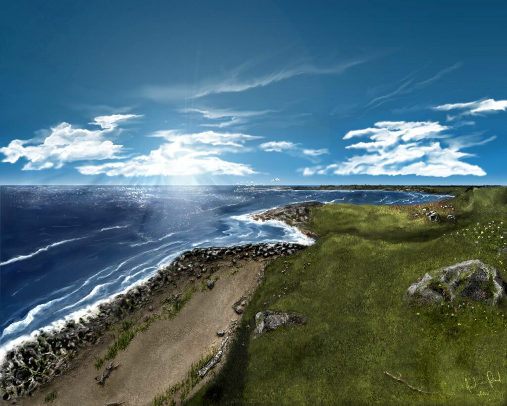 Serene coastal digital wallpaper with sunlit deep blue sea golden beach green grass and mountains