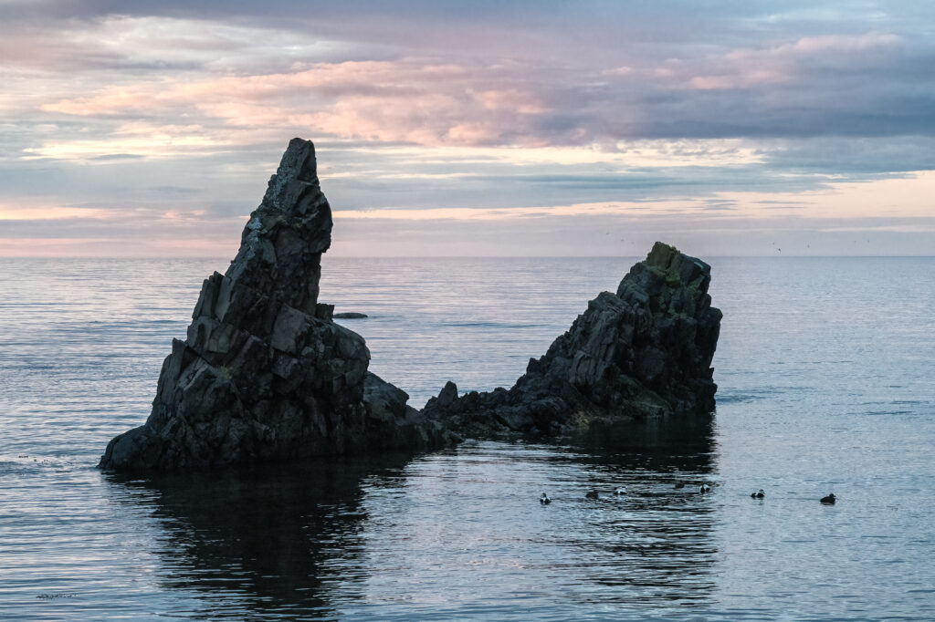 Serene coastal landscape wallpaper with jagged rocks rising from calm sea at dusk pink blue hues