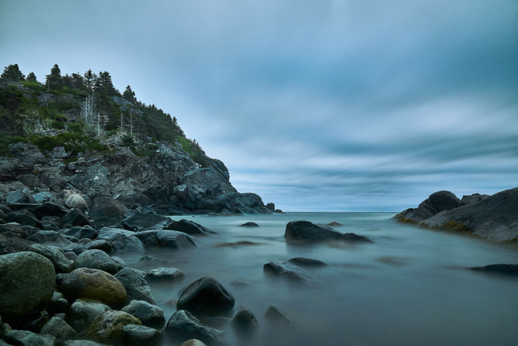 Serene coastal landscape with rugged rocks smooth stones misty sea fog lush trees and cliffs Wallpaper