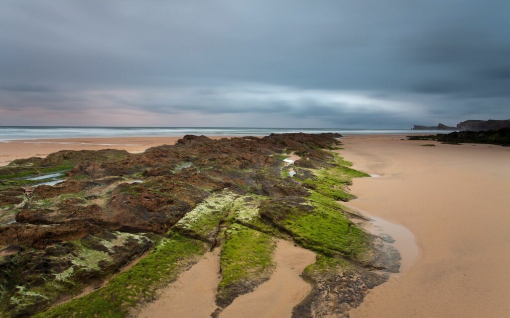 Serene coastal scene with mossy rocks golden sand cloudy sky and calm sea horizon wallpaper