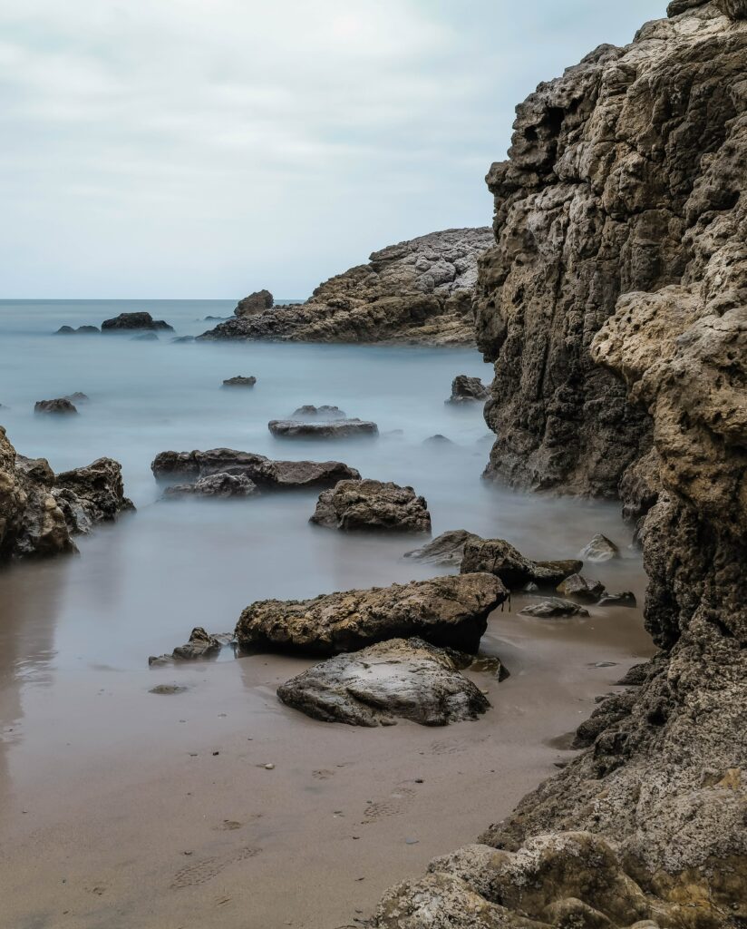 Serene coastal wallpaper with rugged rocks and misty horizon in muted earthy tones background