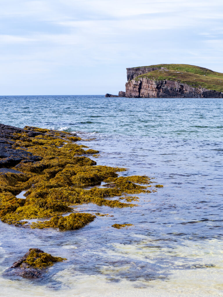 Serene coastal wallpaper with clear blue sea vibrant green reefs and rugged rock formations