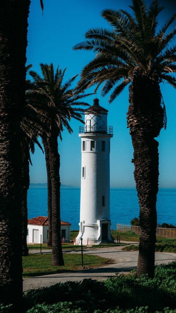 Serene Coastal Wallpaper: Lighthouse & Palm Trees by Calm Sea