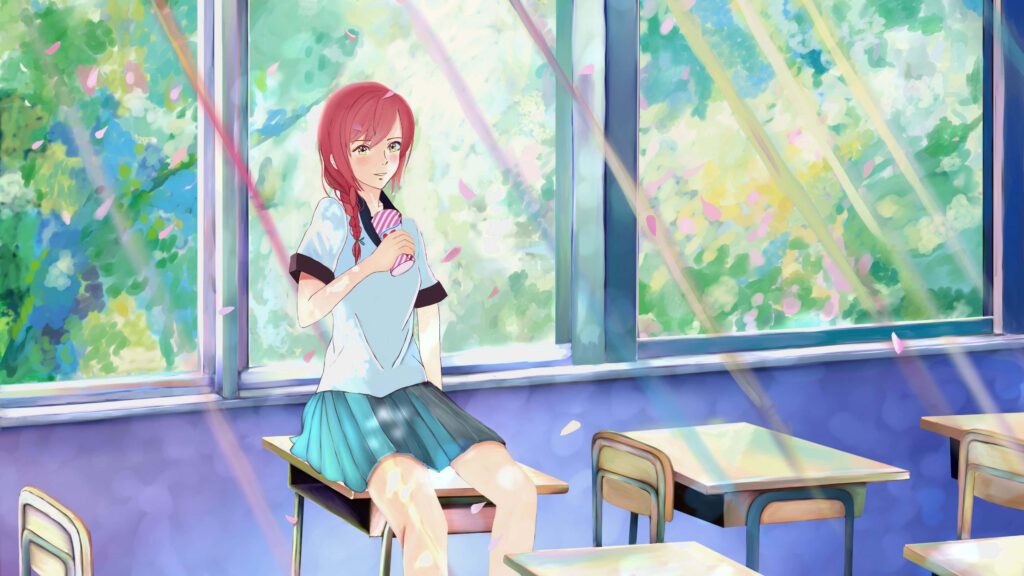 Serene Classroom Wallpaper: Young Girl by Sunlit Window with Sakura