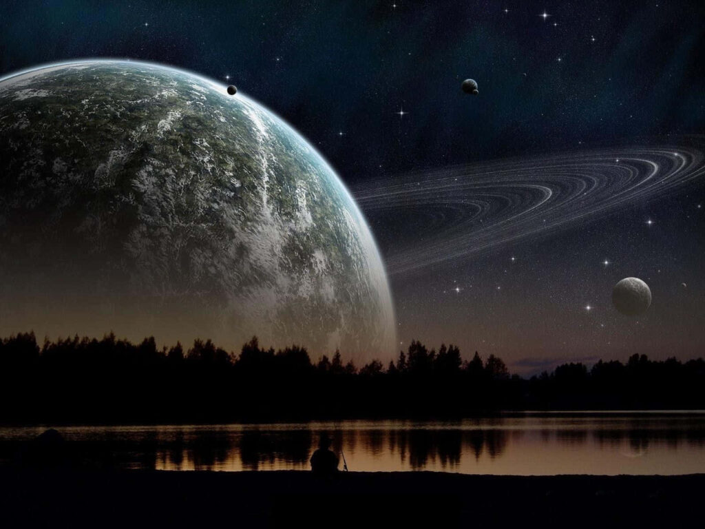 Tranquil cosmic scene: giant planet with rings and moons reflected on a serene lakeside. Wallpaper
