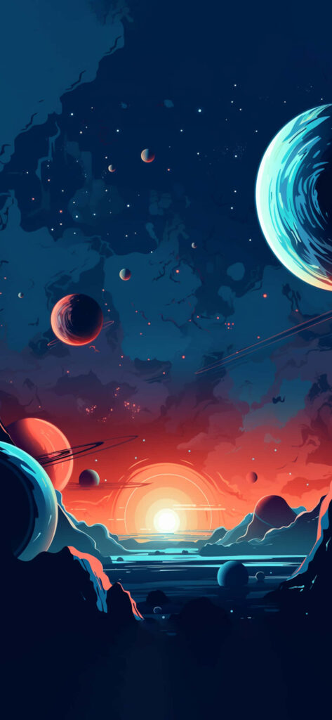 Serene Cosmic Landscape Wallpaper: Planets & Stars Against Dark Sky