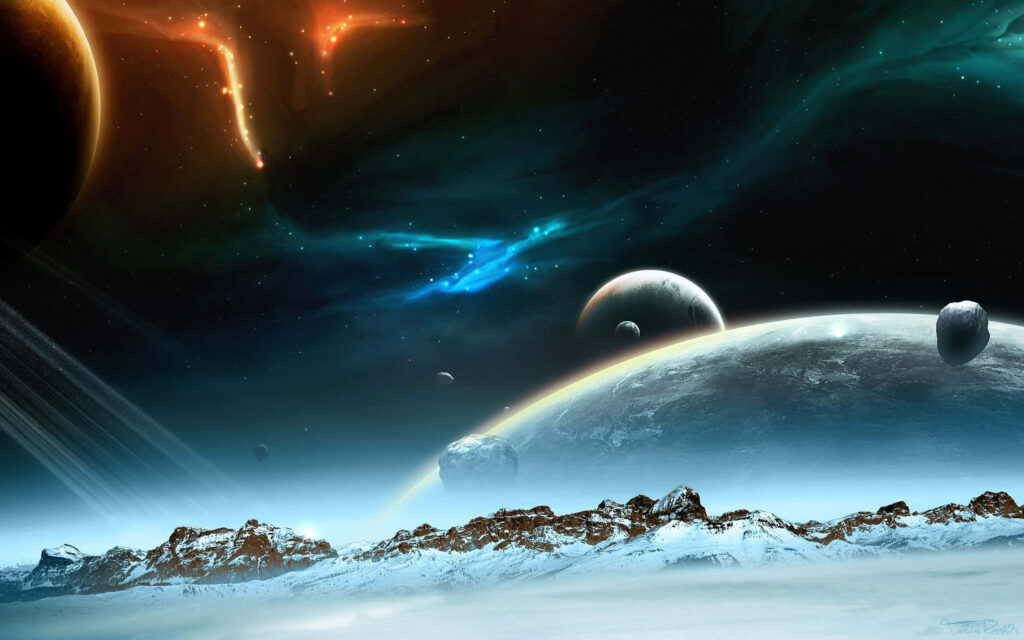 Serene Cosmic Wallpaper: Nebulae, Planets, & Starry Night Scene