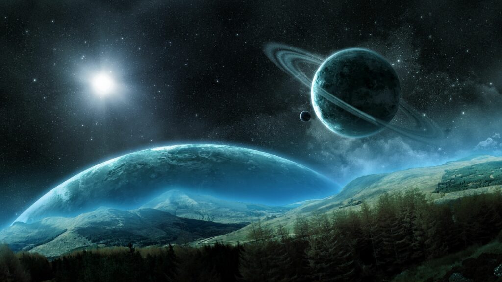 Serene Cosmic Wallpaper: Saturn, Rings & Lush Landscapes