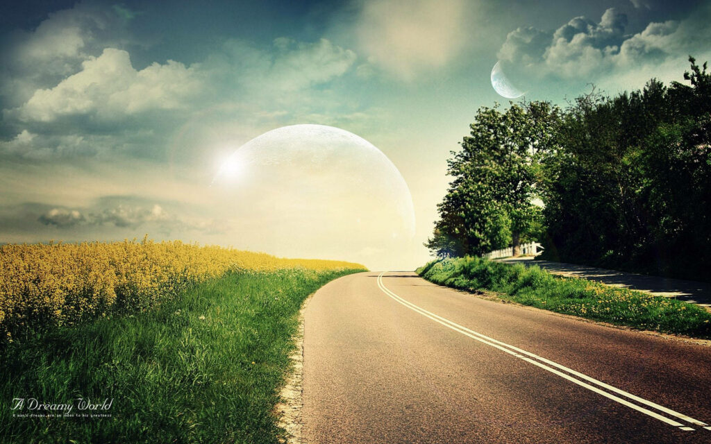 Serene Countryside Road Wallpaper with Dreamy Sun Rays & Celestial Glow