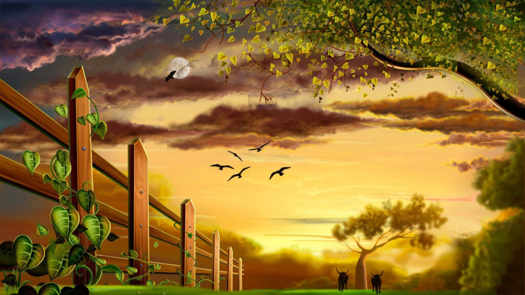Serene Countryside Sunset Wallpaper with Birds and Rustic Fence