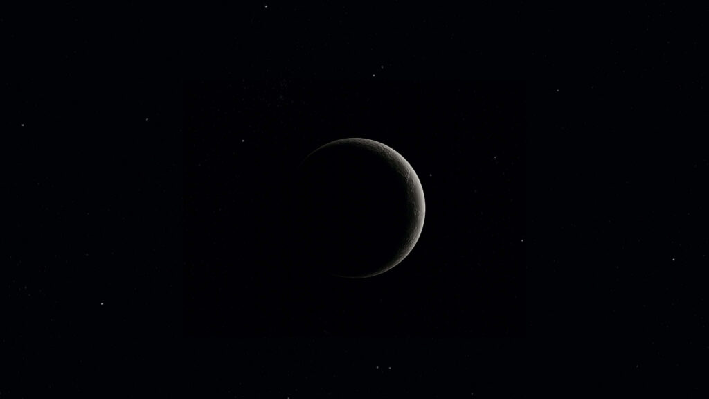 Crescent planet glowing softly in deep black space, dotted with stars - cosmic wallpaper design.