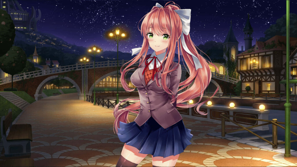 DDLC Nighttime Wallpaper: Vibrant Scene with Starry Sky and Character